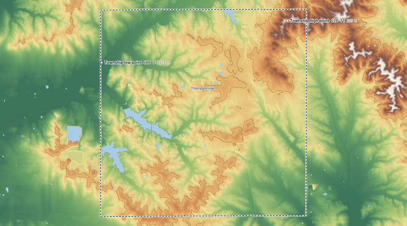 Topographic elevation map of Cave Township, Illinois, shaded from 400 ft on the northwest side to 610 ft on the northeast side