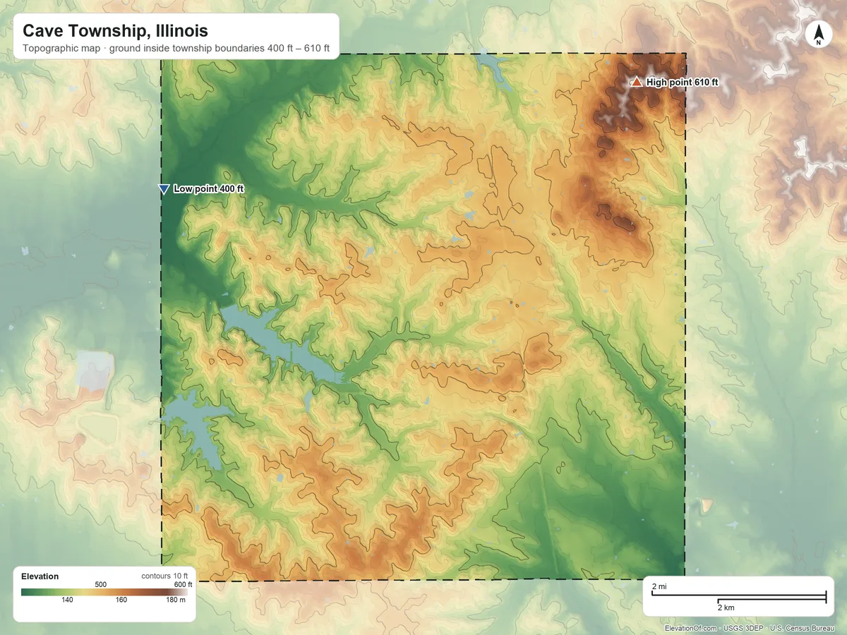 Topographic elevation map of Cave Township, Illinois, shaded from 400 ft on the northwest side to 610 ft on the northeast side