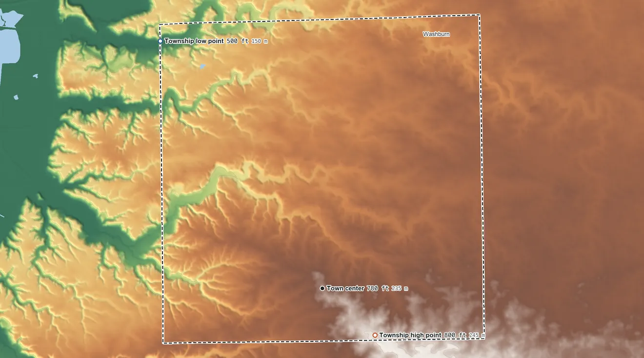 Topographic elevation map of Cazenovia Township, Illinois, shaded from 500 ft on the northwest side to 800 ft on the southeast side