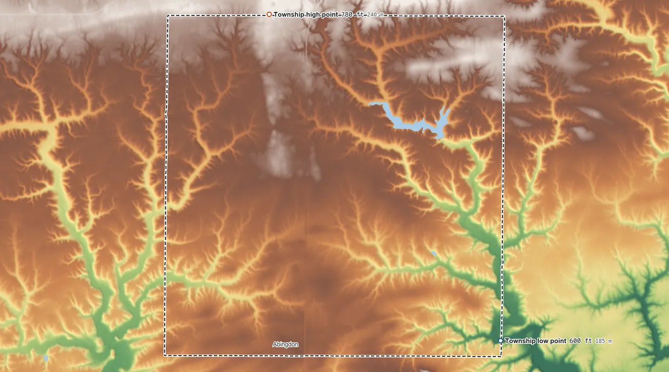 Topographic elevation map of Cedar Township, Illinois, shaded from 600 ft on the east side to 780 ft on the north side