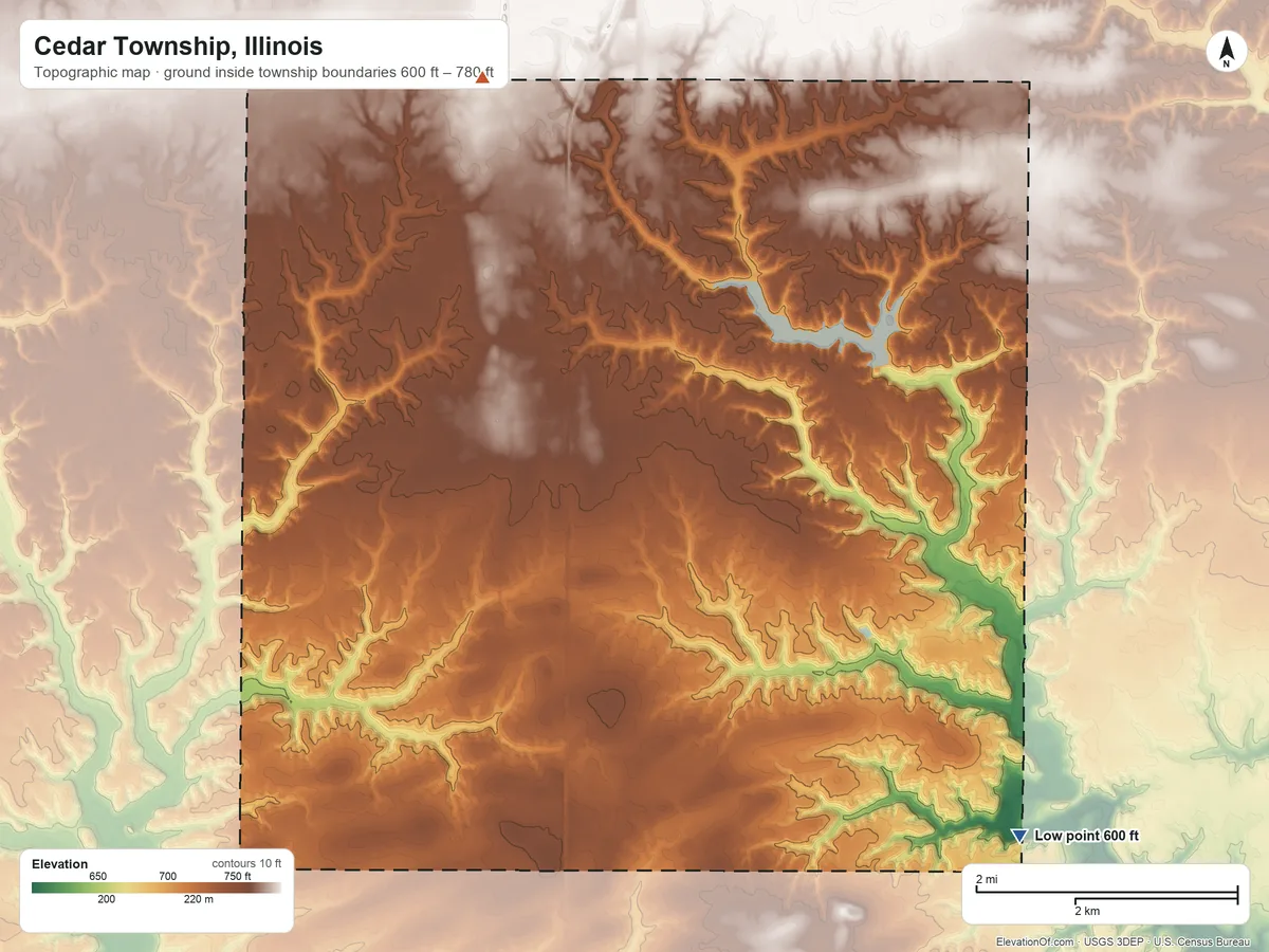 Topographic elevation map of Cedar Township, Illinois, shaded from 600 ft on the east side to 780 ft on the north side