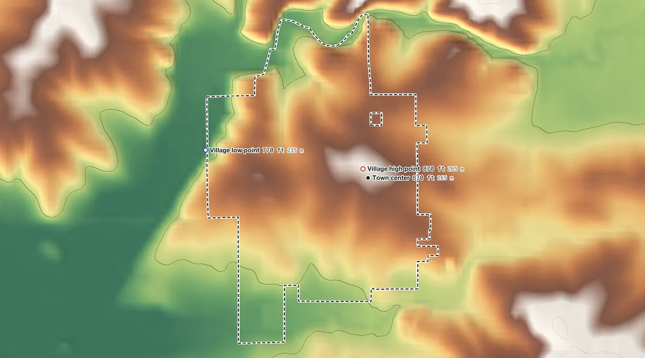 Topographic elevation map of Cedarville, Illinois, shaded from 770 ft on the west side to 870 ft near the middle