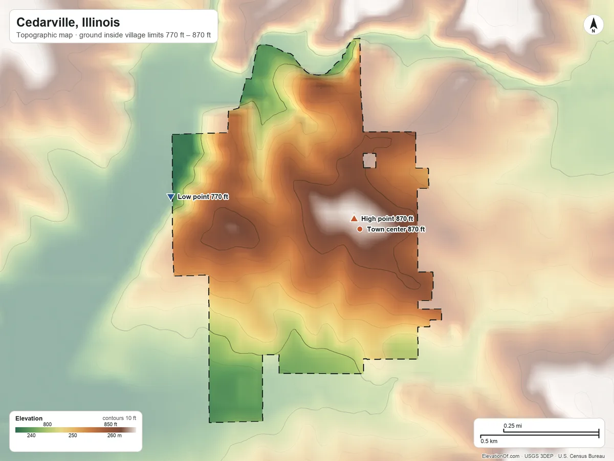 Topographic elevation map of Cedarville, Illinois, shaded from 770 ft on the west side to 870 ft near the middle