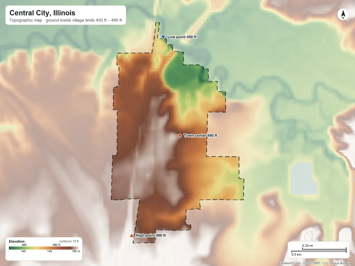 Topographic elevation map of Central City, Illinois, shaded from 450 ft on the north side to 490 ft on the southwest side