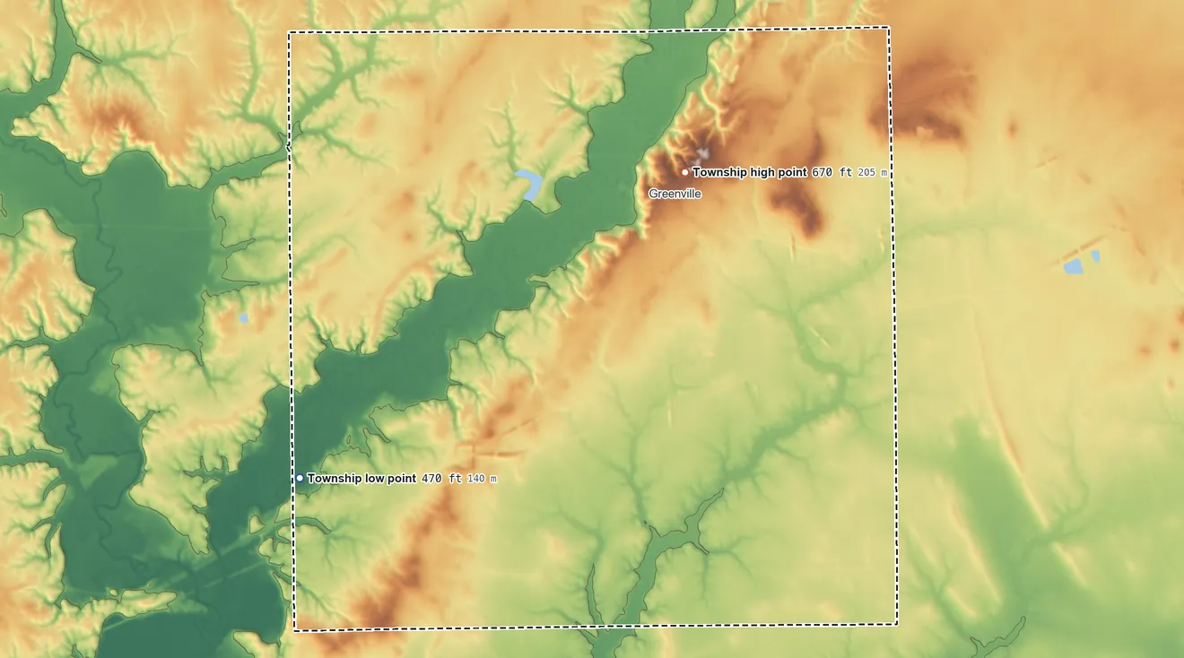 Topographic elevation map of Central Township, Illinois, shaded from 470 ft on the southwest side to 670 ft near the middle