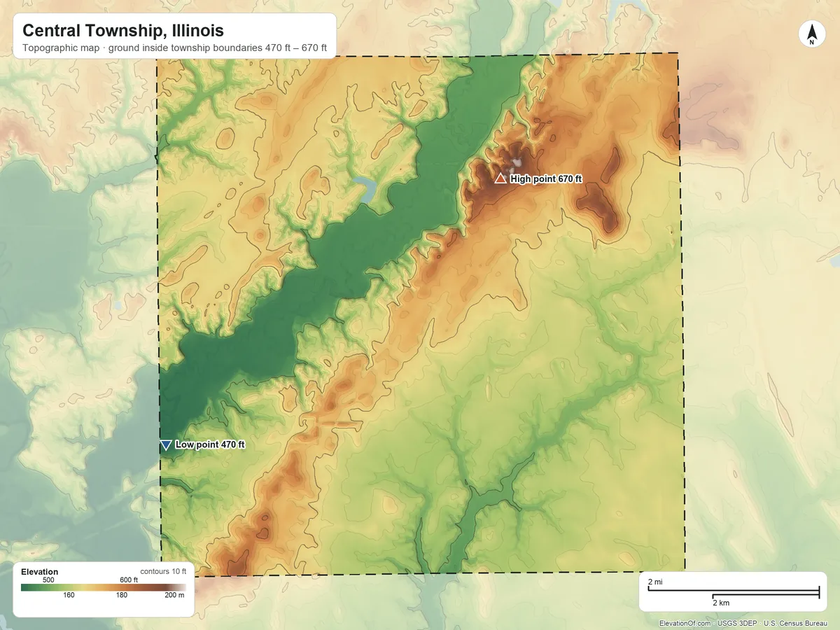 Topographic elevation map of Central Township, Illinois, shaded from 470 ft on the southwest side to 670 ft near the middle