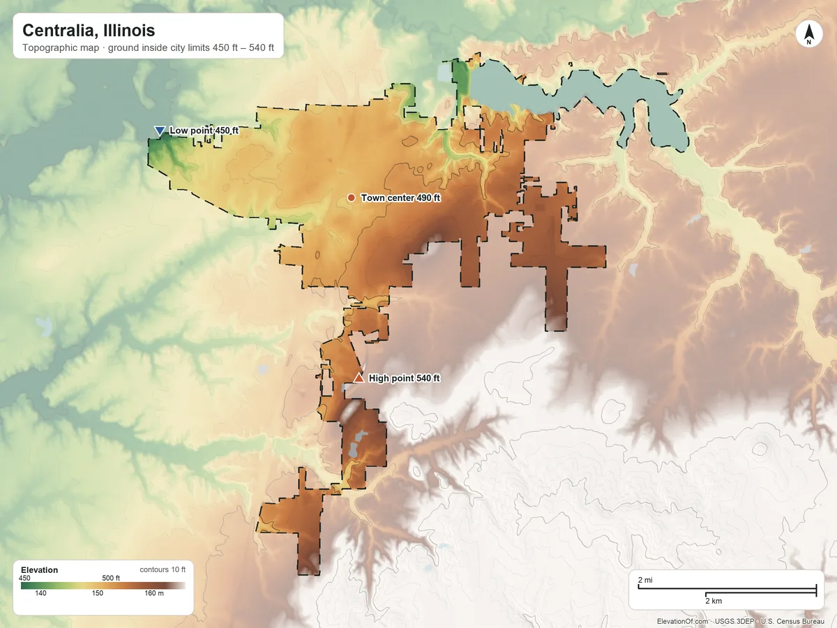 Topographic elevation map of Centralia, Illinois, shaded from 450 ft on the west side to 540 ft on the south side