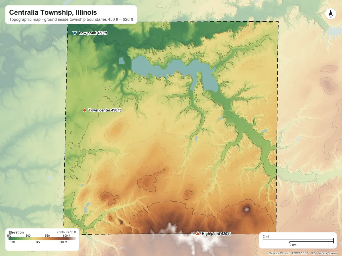 Topographic elevation map of Centralia Township, Illinois, shaded from 450 ft on the north side to 620 ft on the southeast side