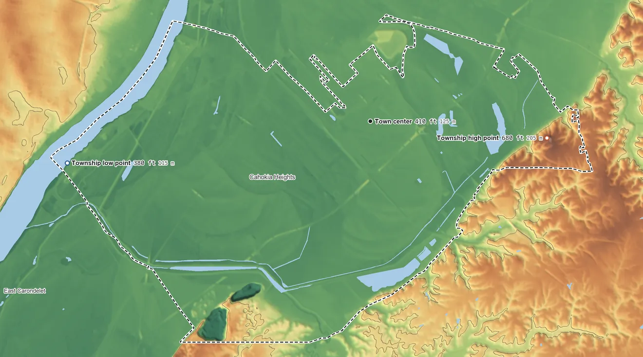 Topographic elevation map of Centreville Township, Illinois, shaded from 380 ft on the west side to 677 ft on Clarks Mound