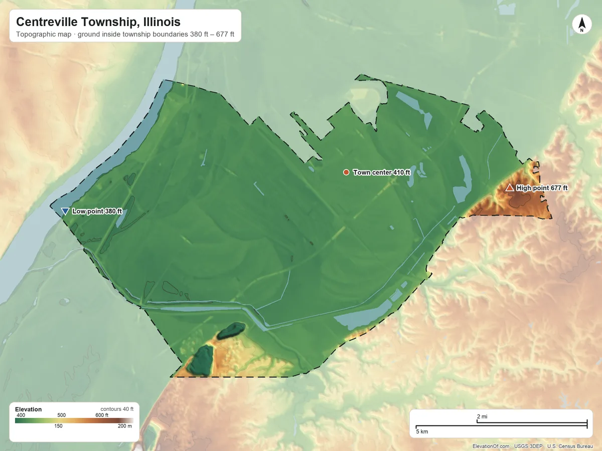 Topographic elevation map of Centreville Township, Illinois, shaded from 380 ft on the west side to 677 ft on Clarks Mound