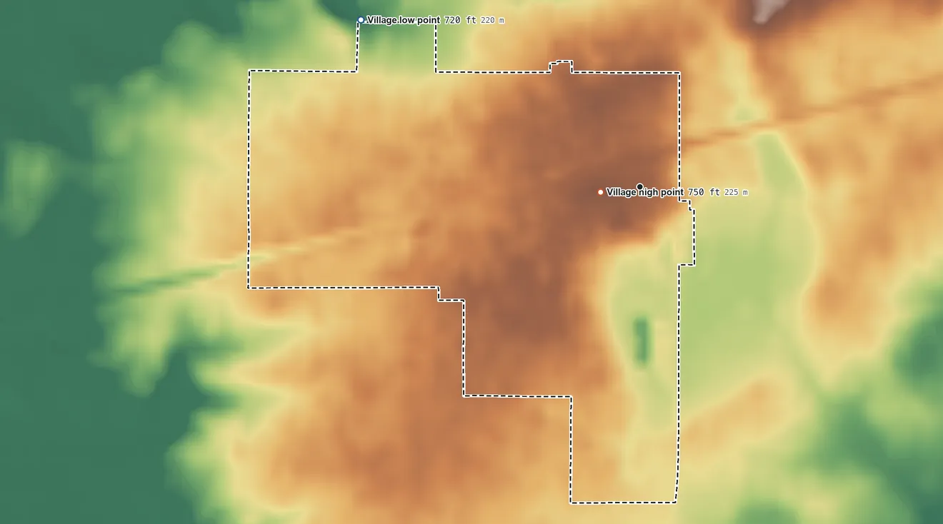 Topographic elevation map of Cerro Gordo, Illinois, shaded from 720 ft on the northwest side to 750 ft near the middle