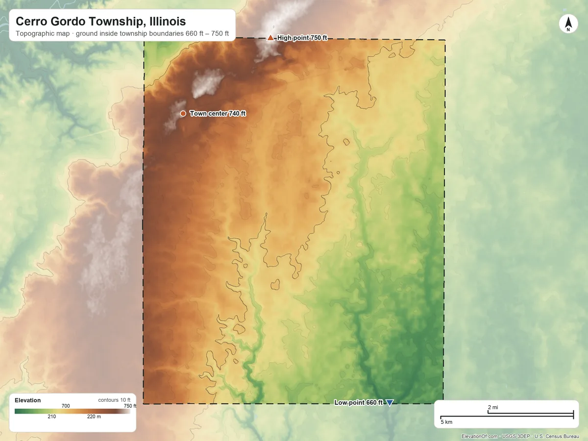 Topographic elevation map of Cerro Gordo Township, Illinois, shaded from 660 ft on the southeast side to 750 ft on the northeast side