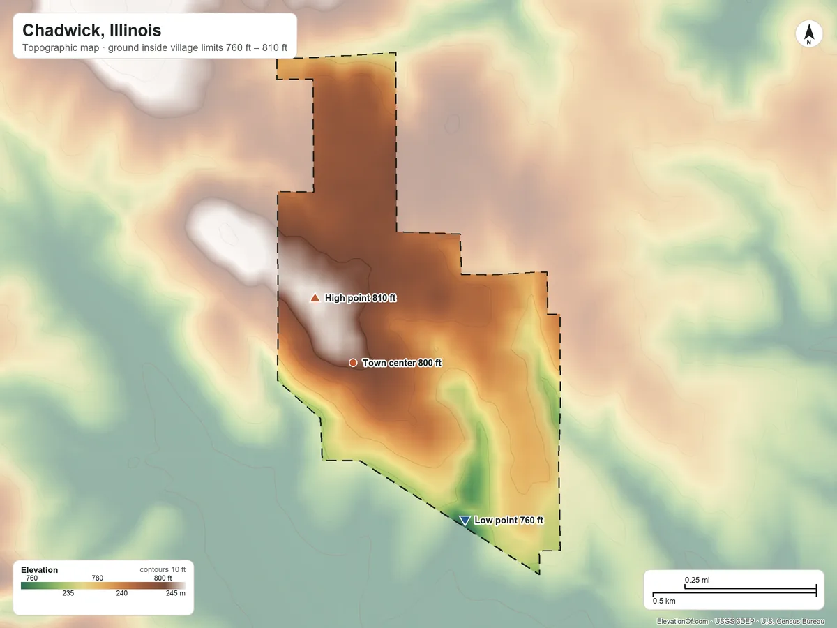 Topographic elevation map of Chadwick, Illinois, shaded from 760 ft on the southeast side to 810 ft on the northwest side