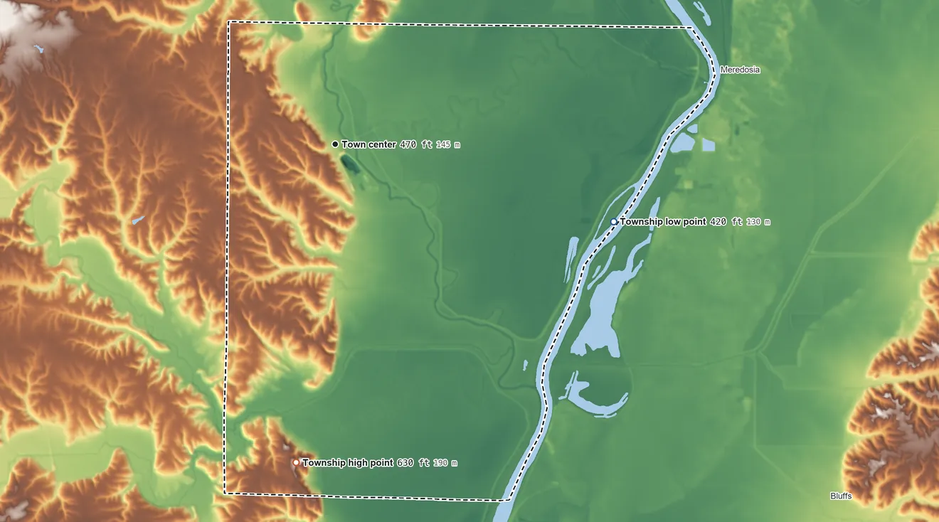 Topographic elevation map of Chambersburg Township, Illinois, shaded from 420 ft on the east side to 630 ft on the south side