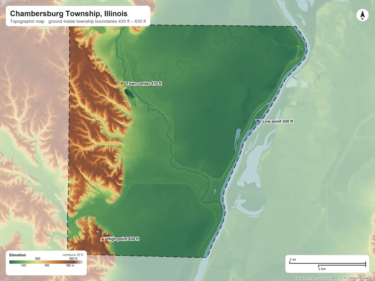 Topographic elevation map of Chambersburg Township, Illinois, shaded from 420 ft on the east side to 630 ft on the south side