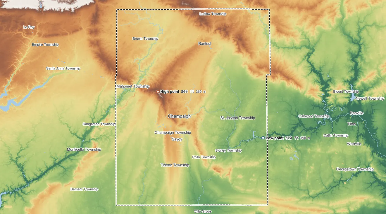 Topographic elevation map of Champaign County, Illinois, shaded from 620 ft on the southeast side to 860 ft on the northwest side