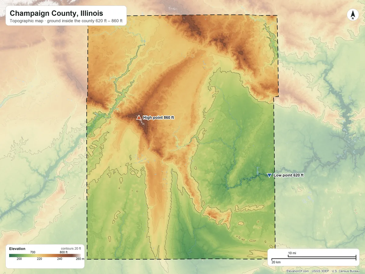 Topographic elevation map of Champaign County, Illinois, shaded from 620 ft on the southeast side to 860 ft on the northwest side