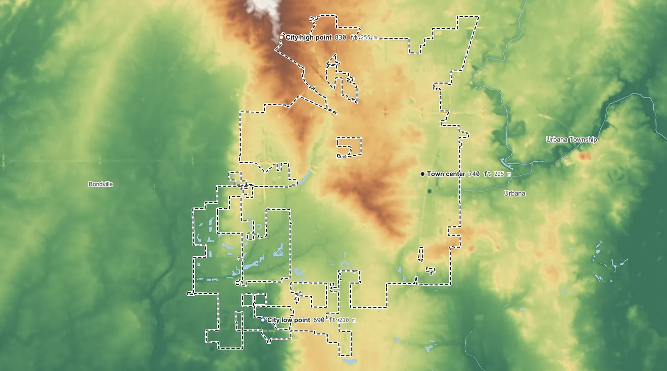 Topographic elevation map of Champaign, Illinois, shaded from 690 ft on the southwest side to 830 ft on the northwest side