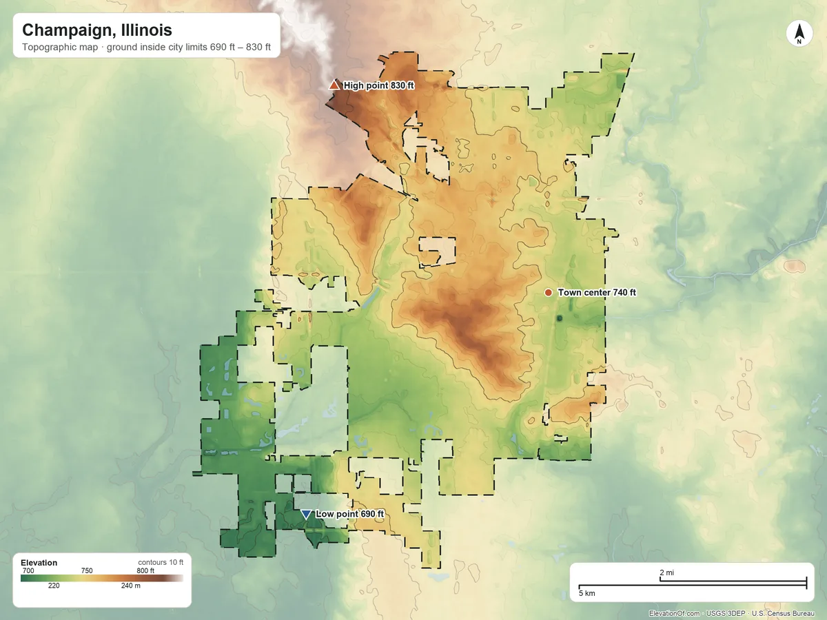 Topographic elevation map of Champaign, Illinois, shaded from 690 ft on the southwest side to 830 ft on the northwest side
