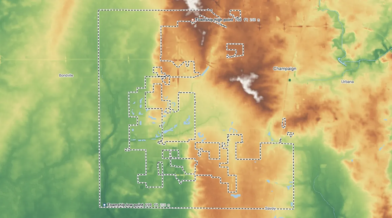 Topographic elevation map of Champaign Township, Illinois, shaded from 690 ft on the west side to 790 ft on the north side