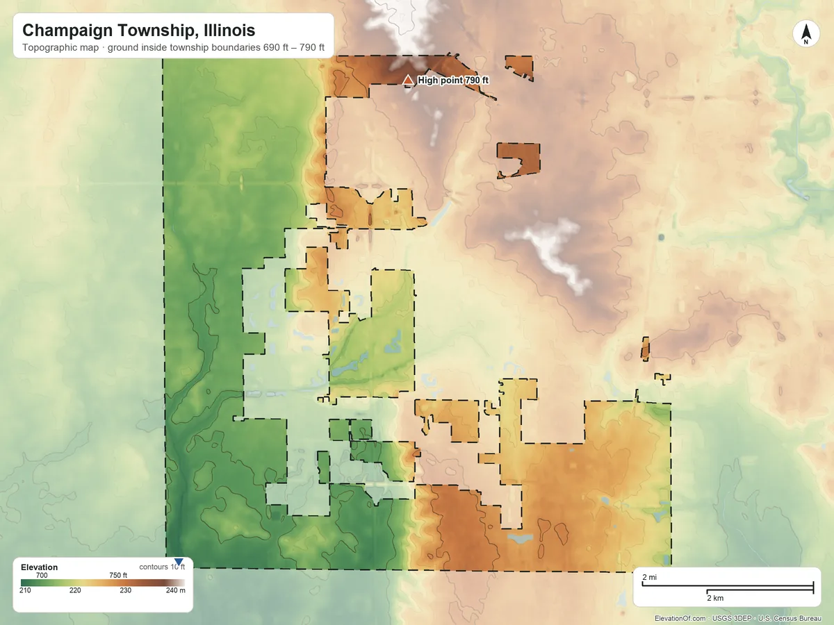 Topographic elevation map of Champaign Township, Illinois, shaded from 690 ft on the west side to 790 ft on the north side
