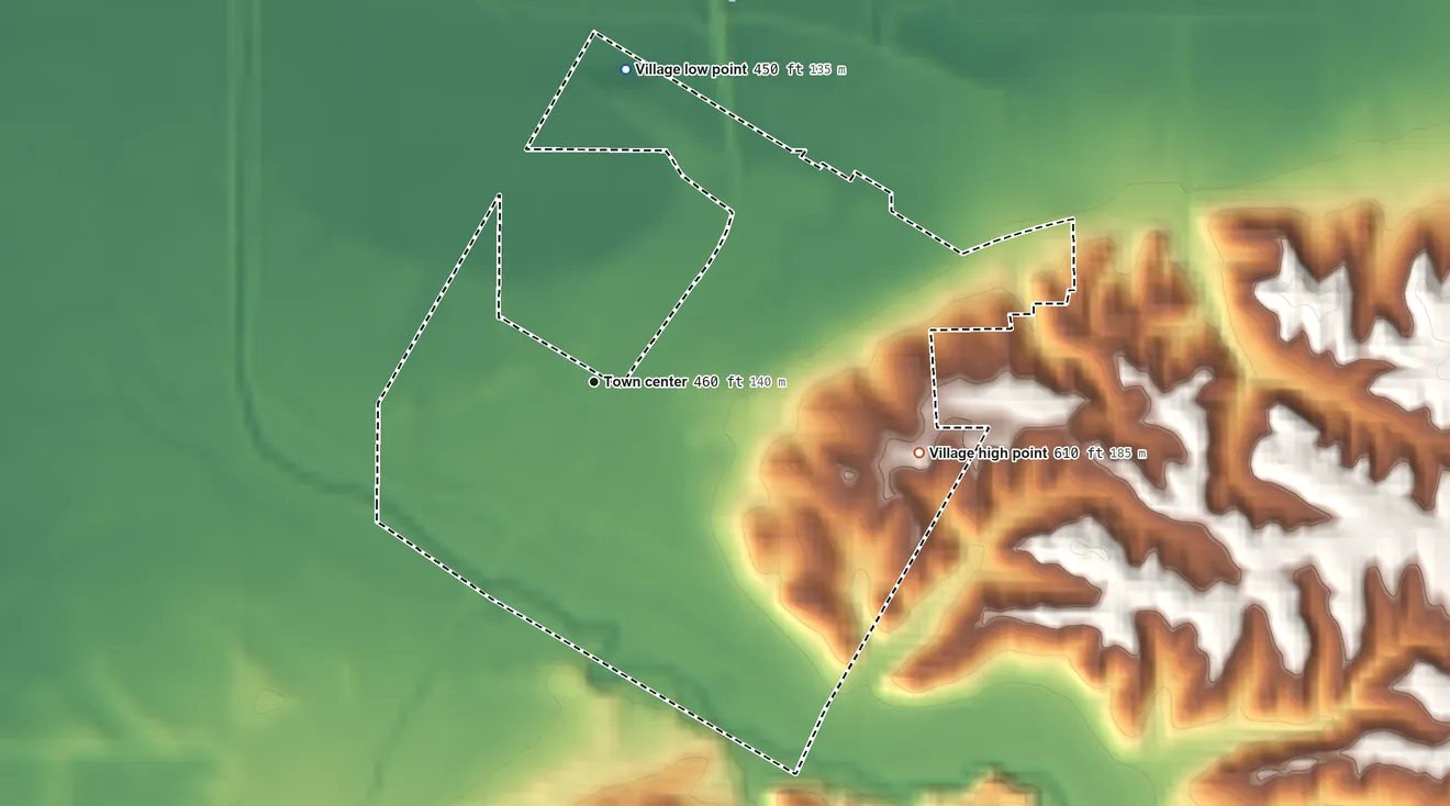 Topographic elevation map of Chandlerville, Illinois, shaded from 450 ft on the north side to 610 ft on the east side