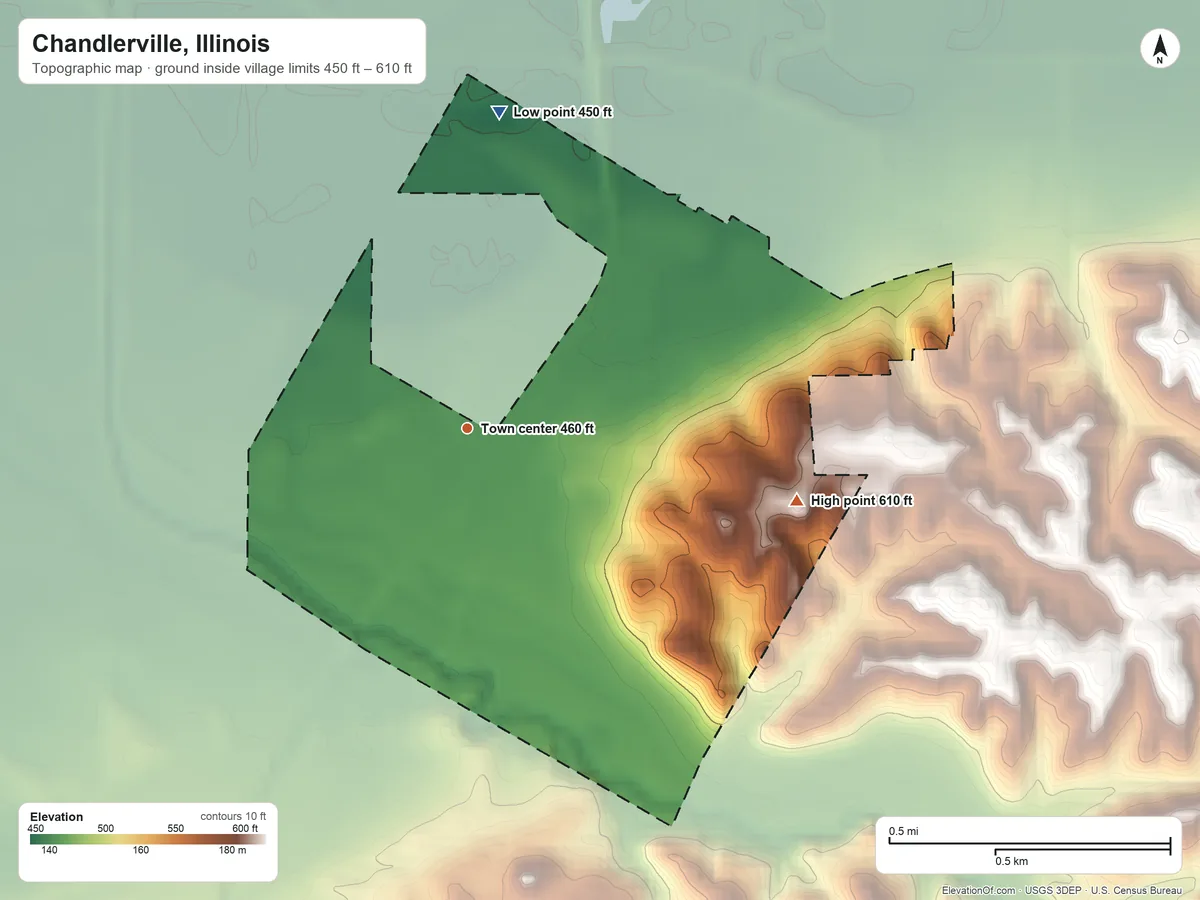 Topographic elevation map of Chandlerville, Illinois, shaded from 450 ft on the north side to 610 ft on the east side