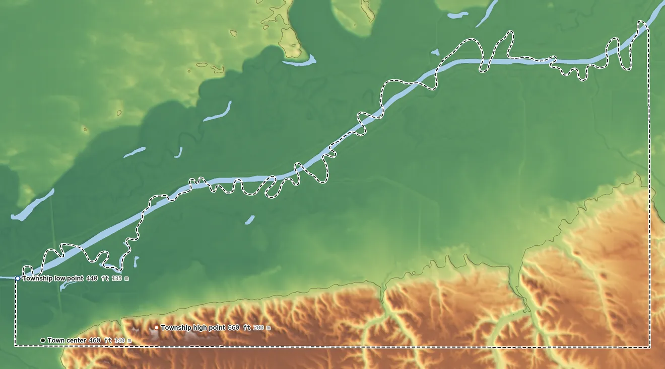 Topographic elevation map of Chandlerville Township, Illinois, shaded from 440 ft near the middle to 660 ft on the east side