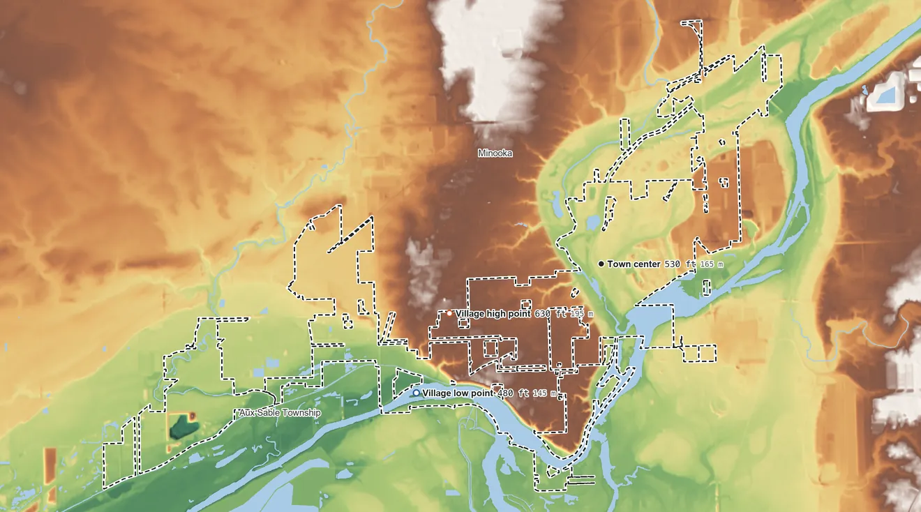 Topographic elevation map of Channahon, Illinois, shaded from 480 ft on the southwest side to 630 ft on the west side