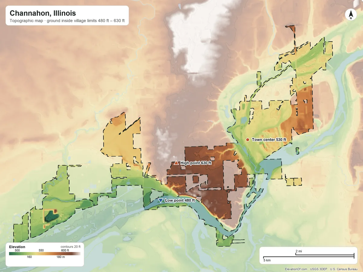 Topographic elevation map of Channahon, Illinois, shaded from 480 ft on the southwest side to 630 ft on the west side