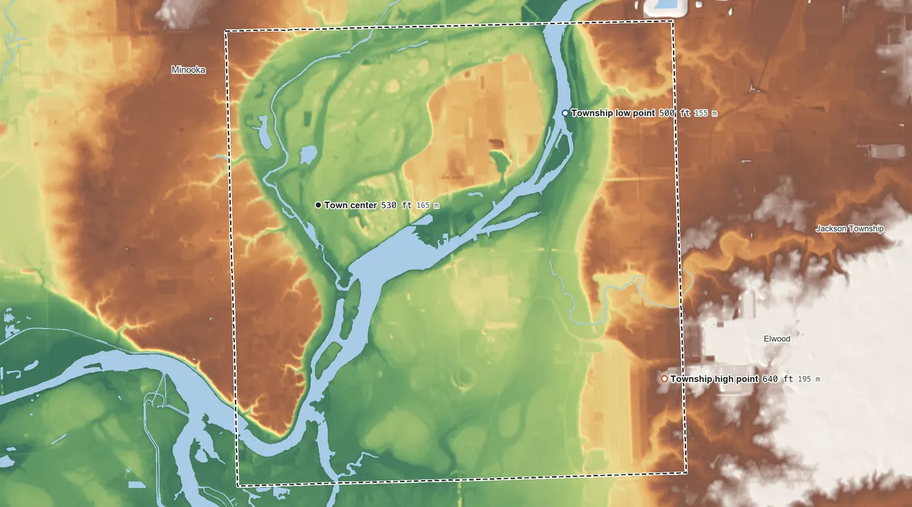 Topographic elevation map of Channahon Township, Illinois, shaded from 500 ft on the east side to 640 ft on the southeast side