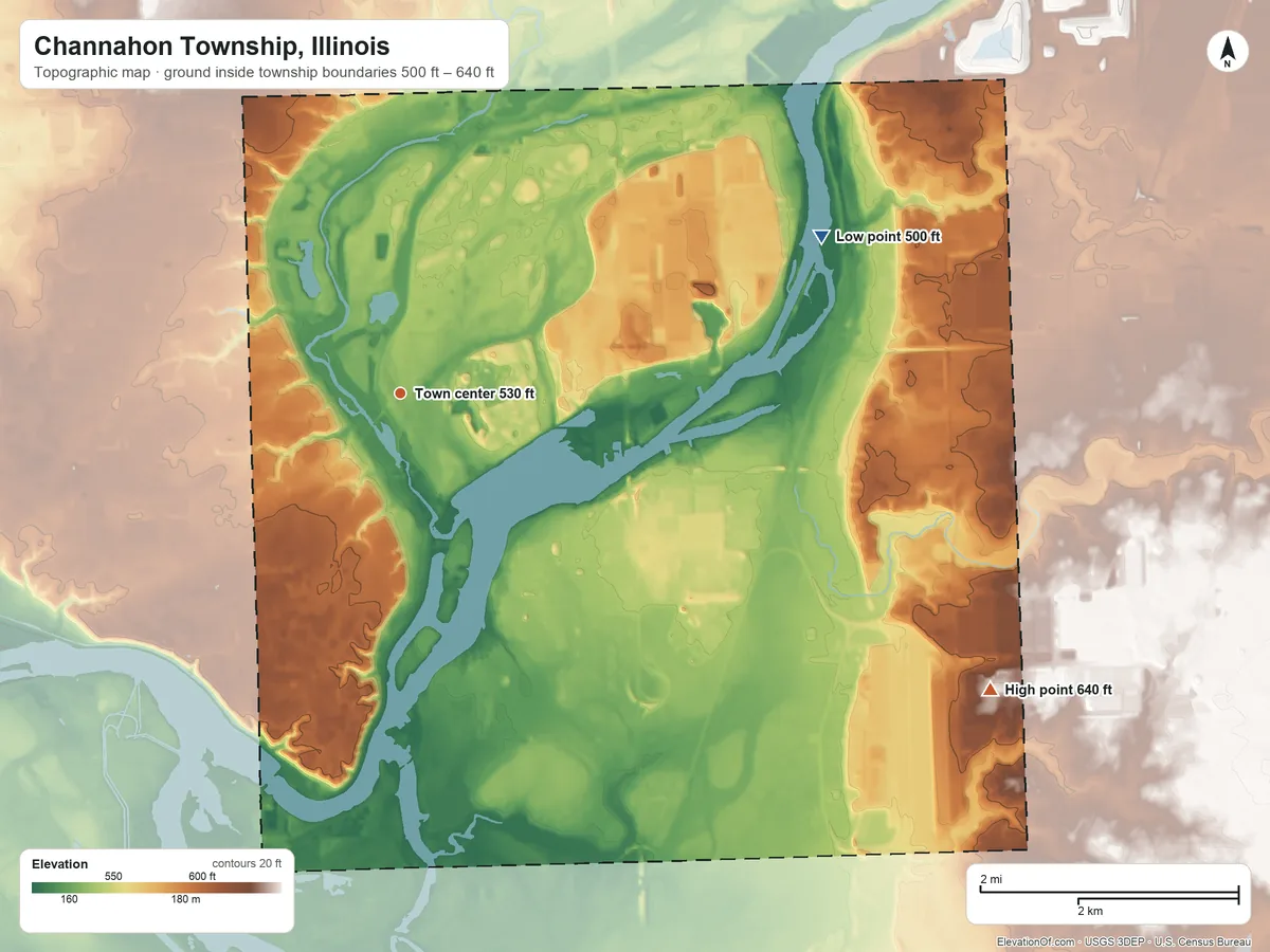 Topographic elevation map of Channahon Township, Illinois, shaded from 500 ft on the east side to 640 ft on the southeast side