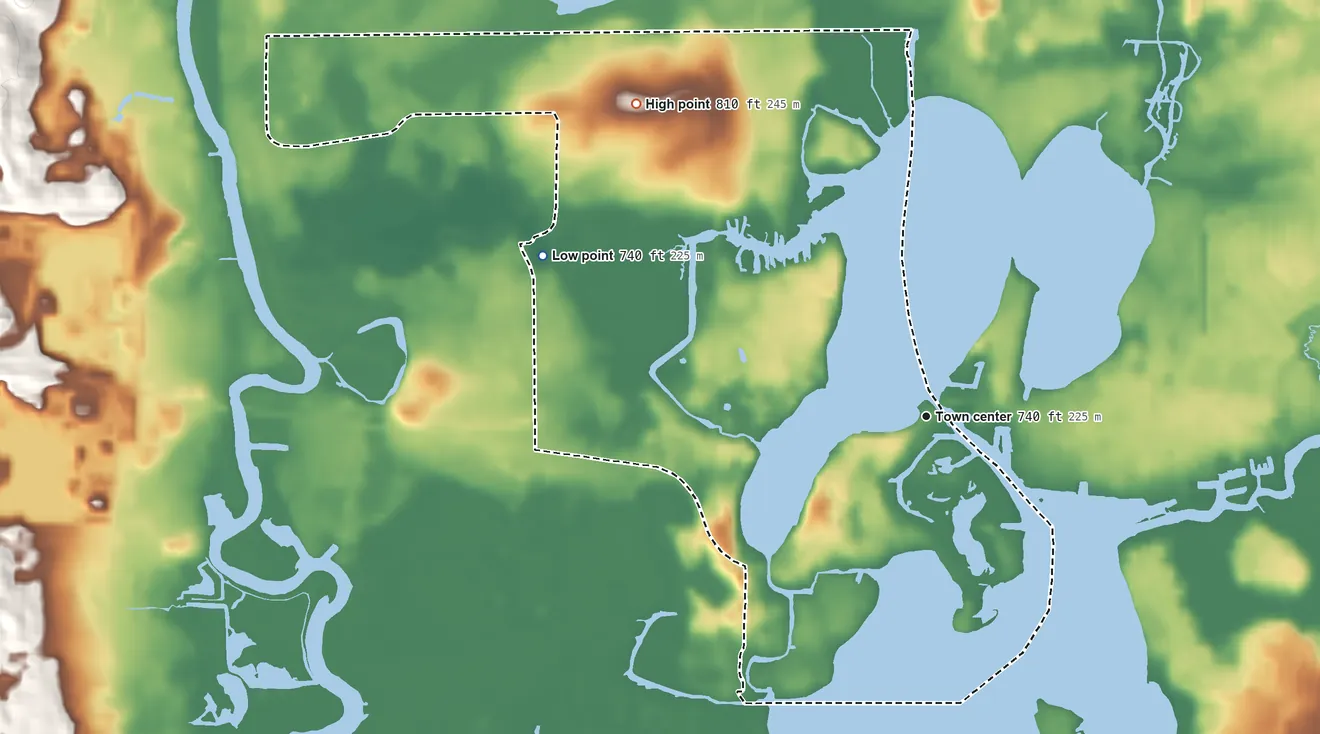 Topographic elevation map of Channel Lake, Illinois, shaded from 740 ft on the northwest side to 810 ft on the northwest side