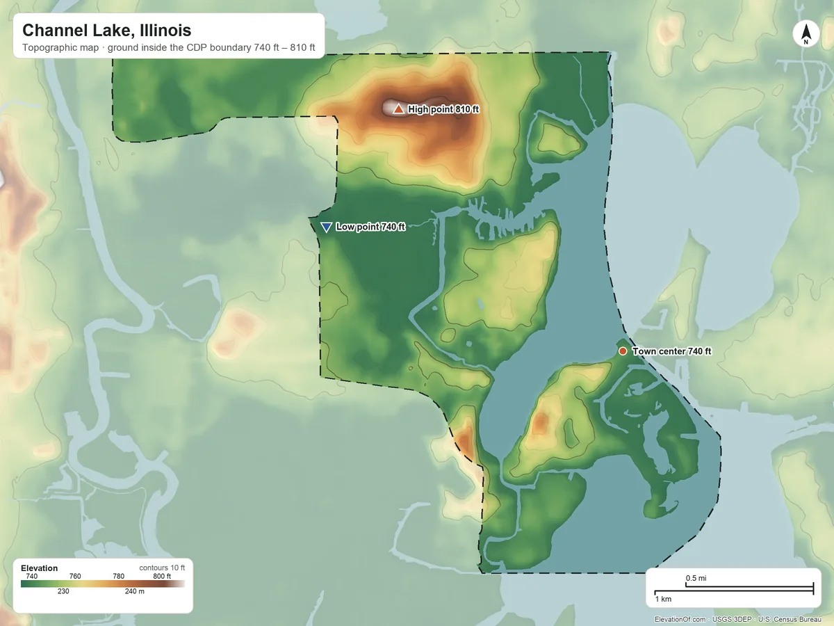 Topographic elevation map of Channel Lake, Illinois, shaded from 740 ft on the northwest side to 810 ft on the northwest side