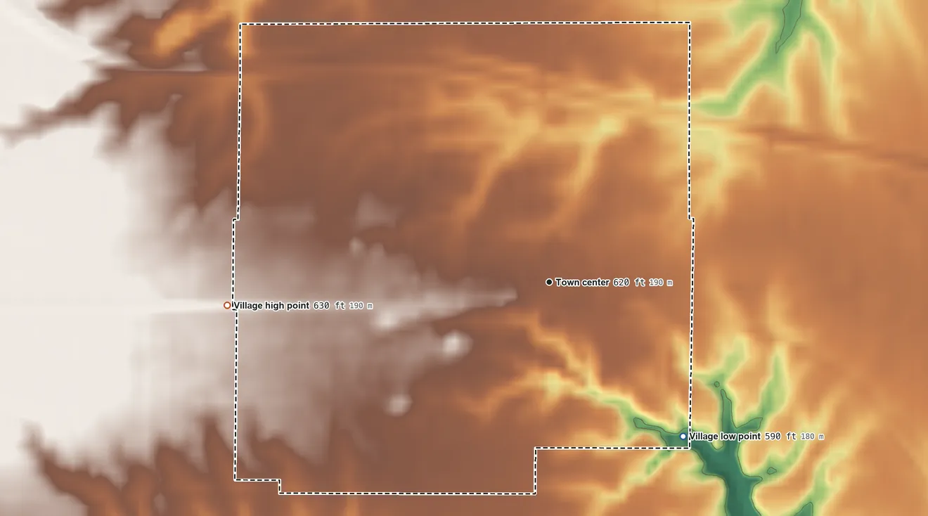 Topographic elevation map of Chapin, Illinois, shaded from 590 ft on the southeast side to 630 ft on the west side