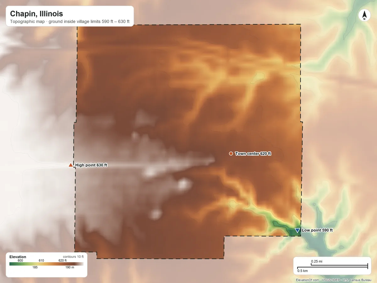 Topographic elevation map of Chapin, Illinois, shaded from 590 ft on the southeast side to 630 ft on the west side