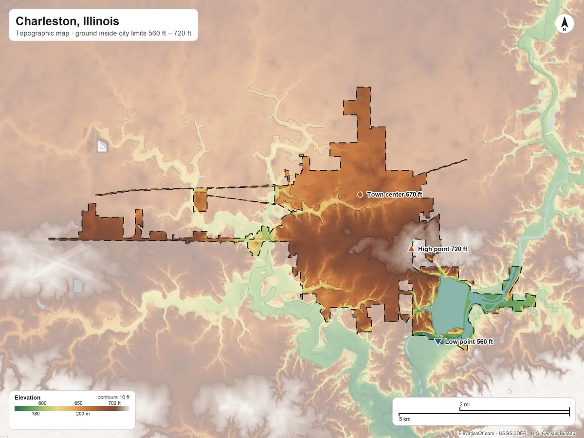 Topographic elevation map of Charleston, Illinois, shaded from 560 ft on the southeast side to 720 ft on the southeast side