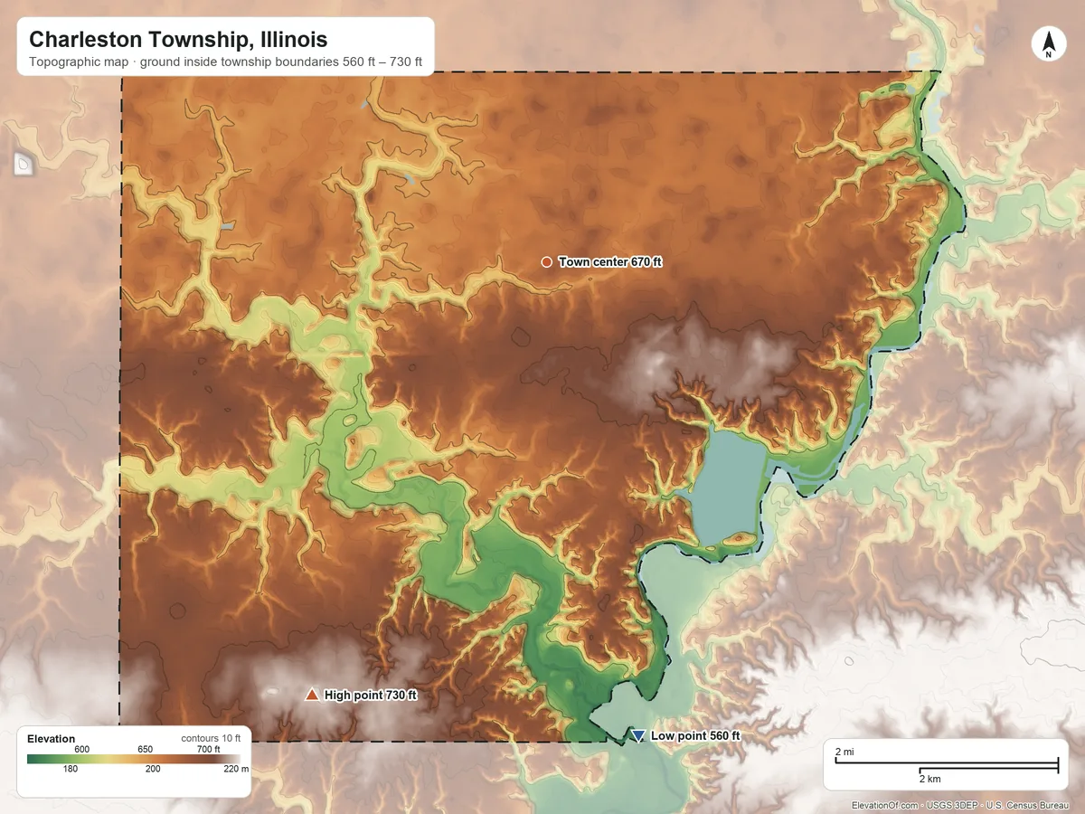 Topographic elevation map of Charleston Township, Illinois, shaded from 560 ft on the south side to 730 ft on the southwest side