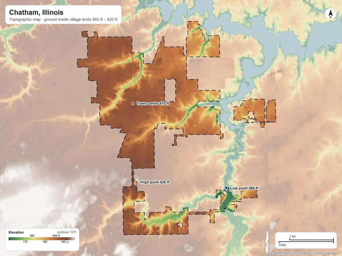 Topographic elevation map of Chatham, Illinois, shaded from 560 ft on the southeast side to 620 ft on the south side