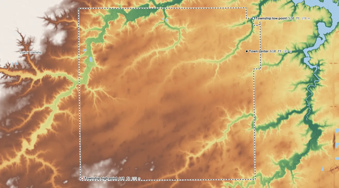 Topographic elevation map of Chatham Township, Illinois, shaded from 570 ft on the north side to 640 ft on the southwest side