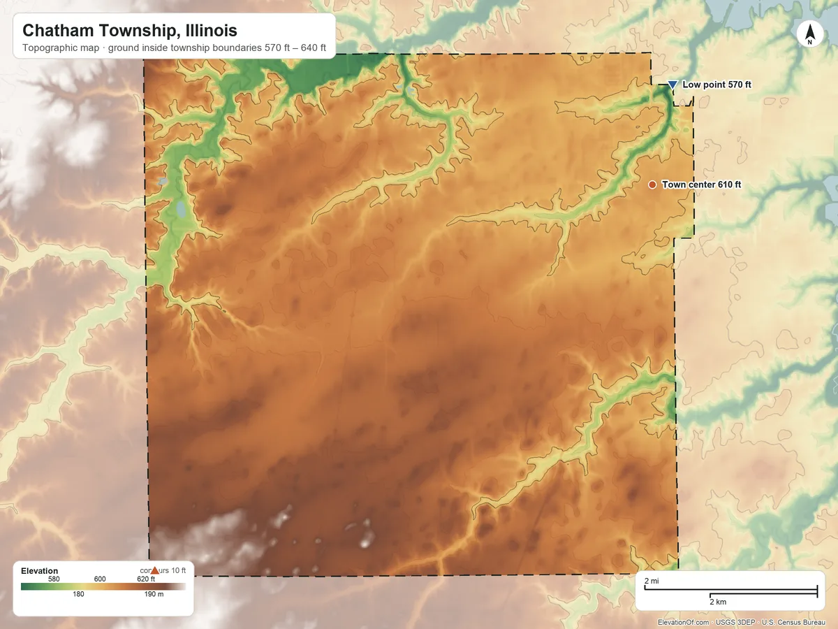 Topographic elevation map of Chatham Township, Illinois, shaded from 570 ft on the north side to 640 ft on the southwest side