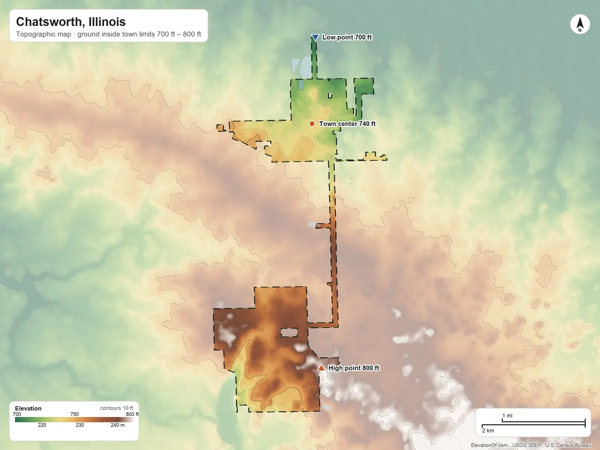 Topographic elevation map of Chatsworth, Illinois, shaded from 700 ft on the north side to 800 ft on the south side