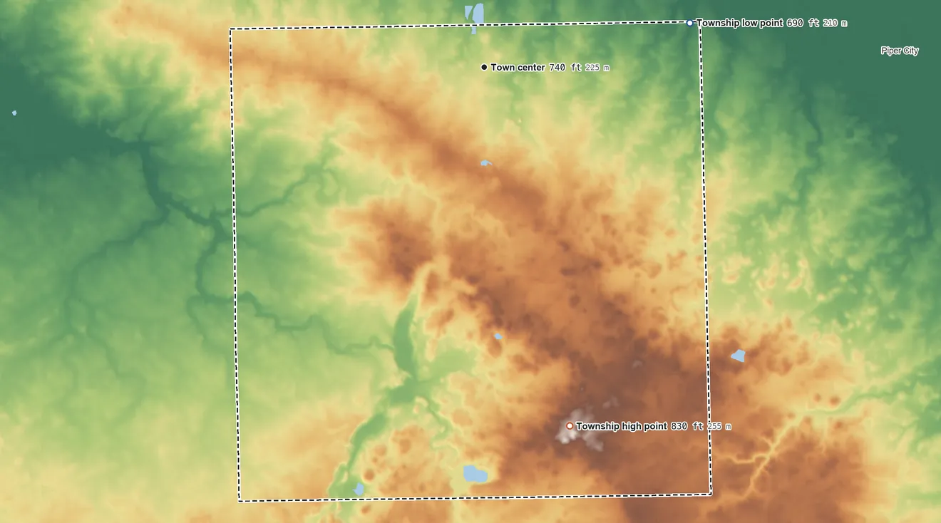 Topographic elevation map of Chatsworth Township, Illinois, shaded from 690 ft on the east side to 830 ft on the south side