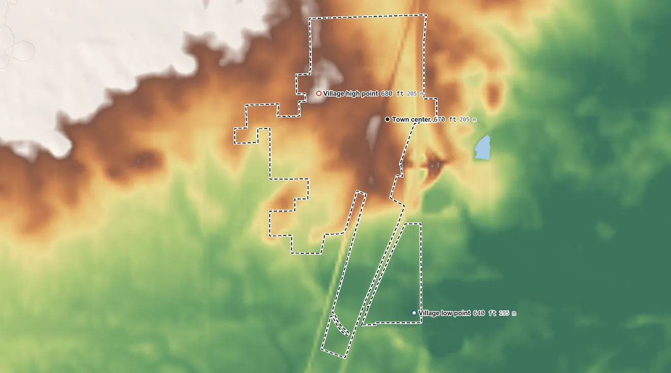 Topographic elevation map of Chebanse, Illinois, shaded from 640 ft on the south side to 680 ft on the west side