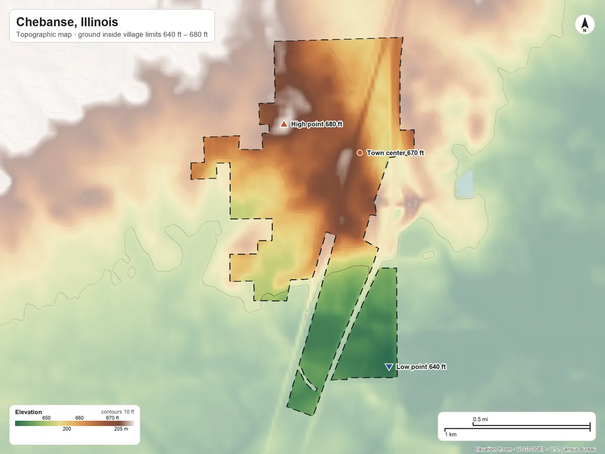 Topographic elevation map of Chebanse, Illinois, shaded from 640 ft on the south side to 680 ft on the west side