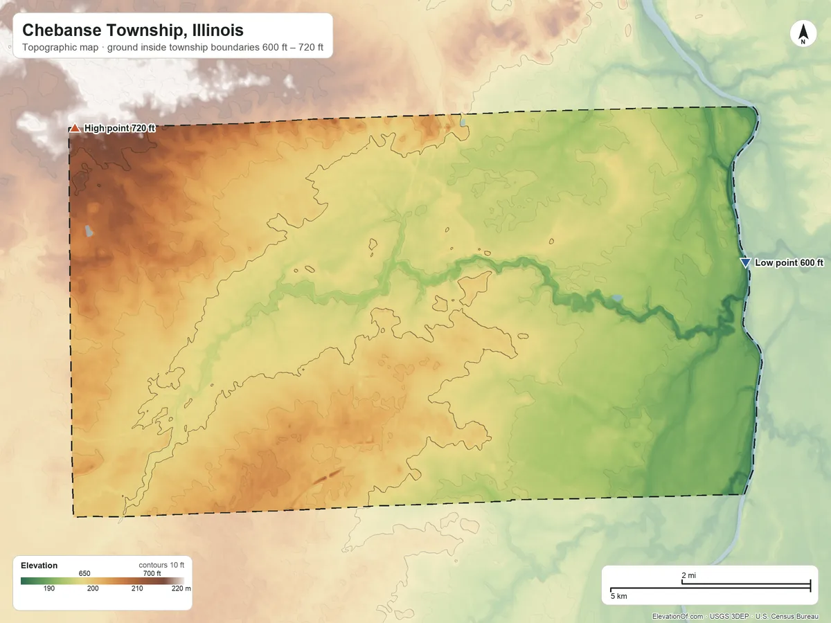 Topographic elevation map of Chebanse Township, Illinois, shaded from 600 ft on the east side to 720 ft on the northwest side