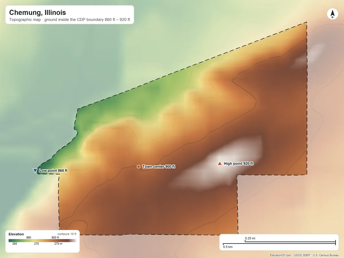 Topographic elevation map of Chemung, Illinois, shaded from 860 ft on the west side to 920 ft on the east side