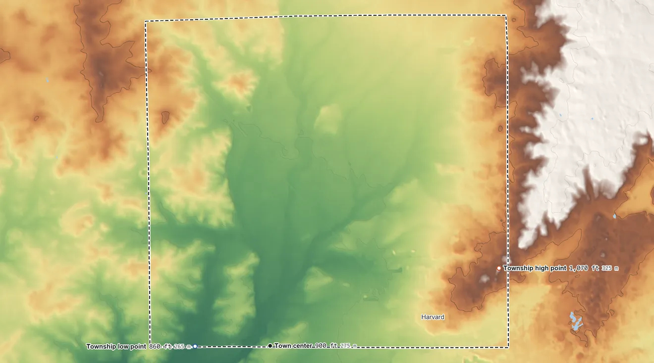 Topographic elevation map of Chemung Township, Illinois, shaded from 860 ft on the west side to 1,070 ft on the east side