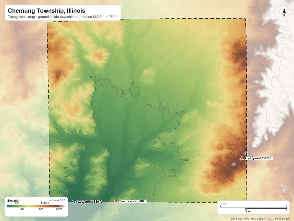 Topographic elevation map of Chemung Township, Illinois, shaded from 860 ft on the west side to 1,070 ft on the east side