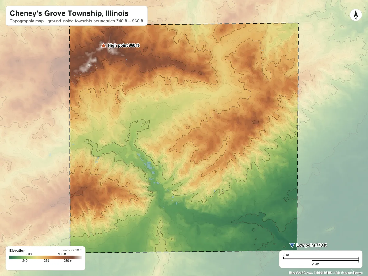 Topographic elevation map of Cheney's Grove Township, Illinois, shaded from 740 ft on the southeast side to 960 ft on the northwest side